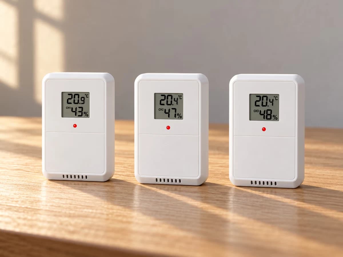 Trois sondes blanches identiques alignées côte à côte sur une table en bois, petits écrans LCD allumés, lumière rasante de fin de journée