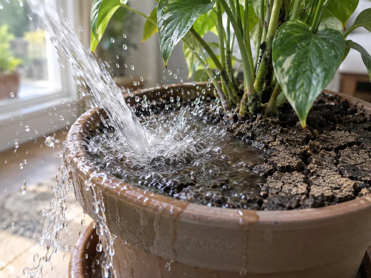 Gros plan sur un jet d'eau heurtant violemment le terreau sec d'un pot d'intérieur