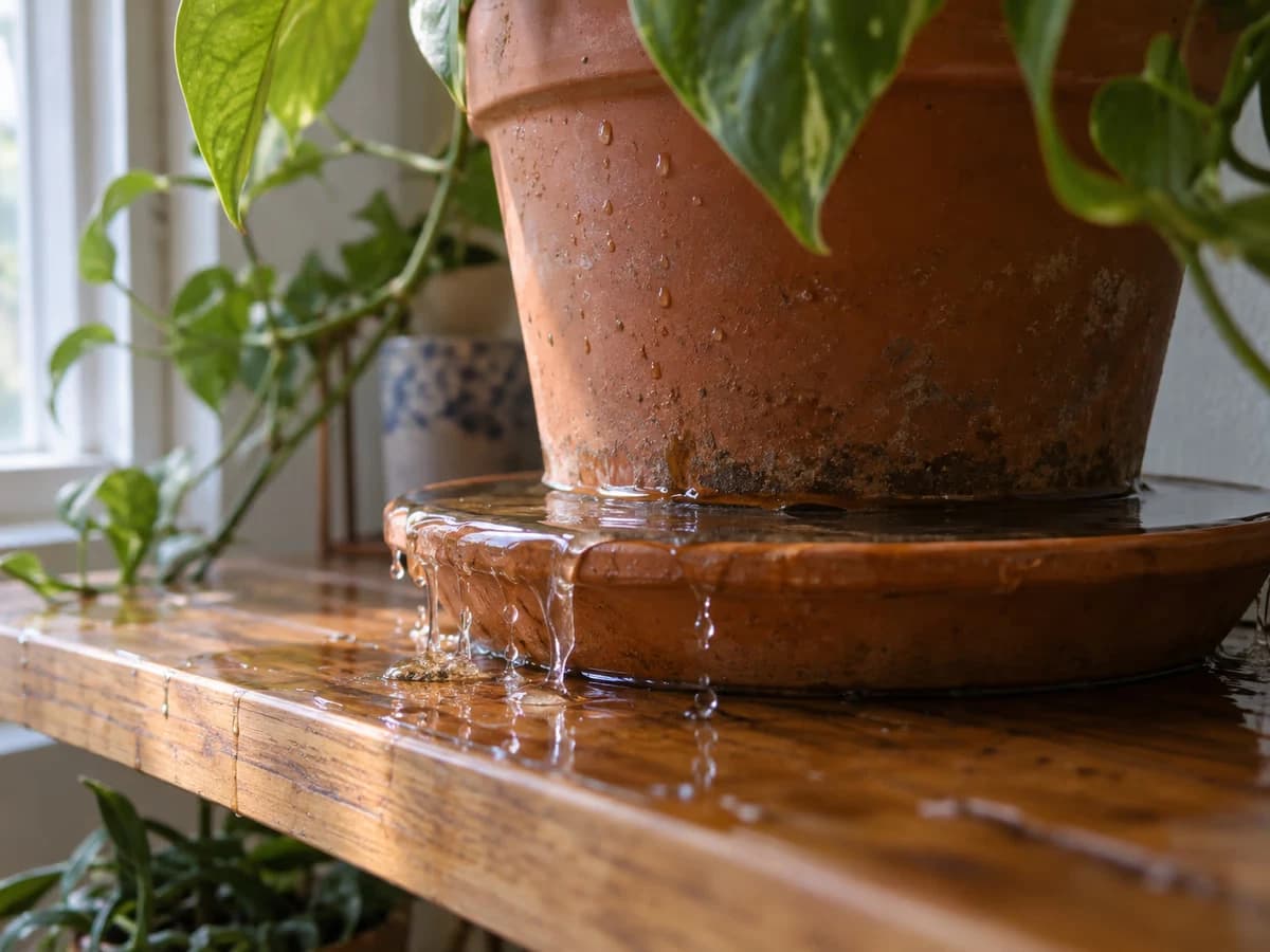 Une soucoupe de pot de fleurs remplie d'eau stagnante sur une étagère en bois