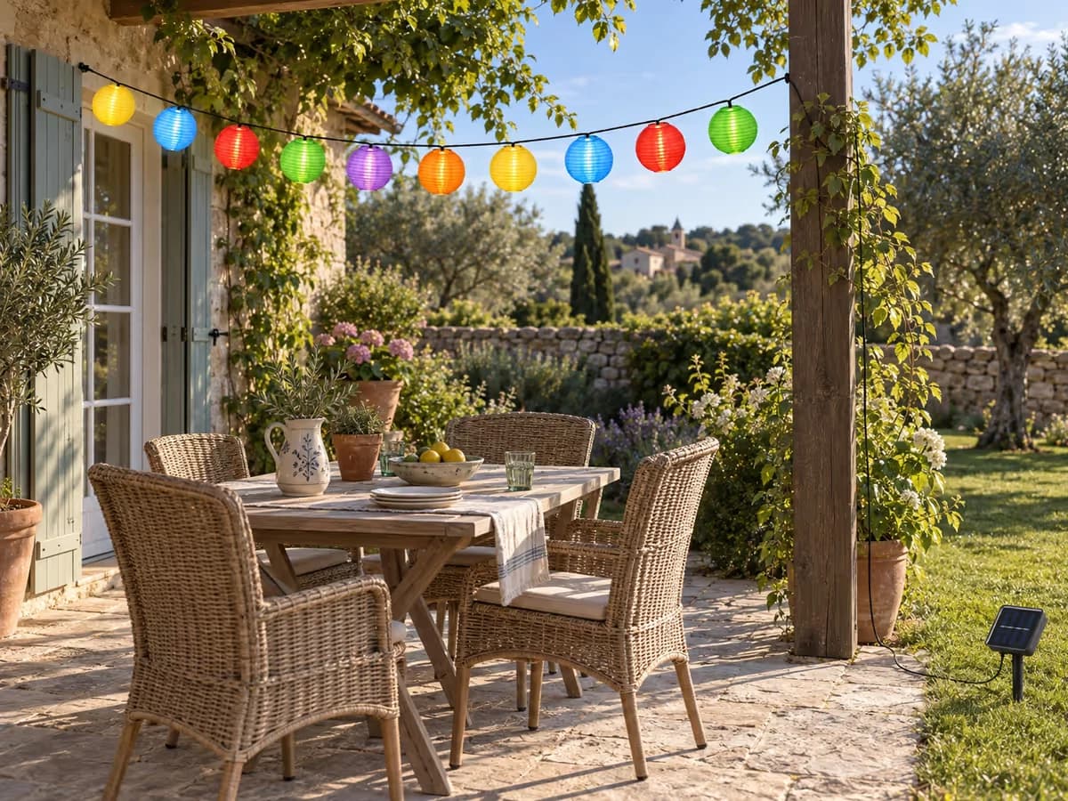 Dix lanternes de tissu coloré alignées au-dessus d'une petite table, avec le câble descendant vers le panneau