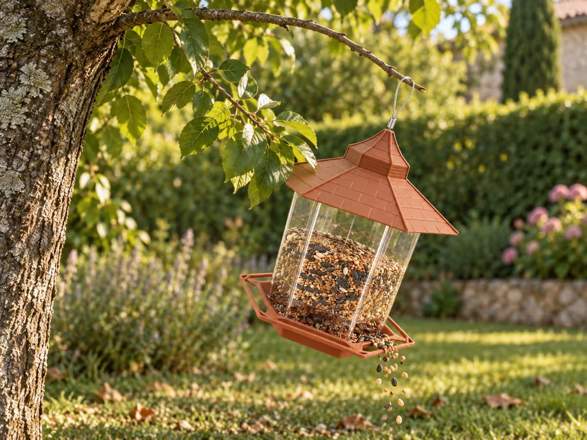 Mangeoire à silo hexagonale suspendue à une branche trop fine qui plie sous le poids, plateau penché, fin d'après-midi en jardin
