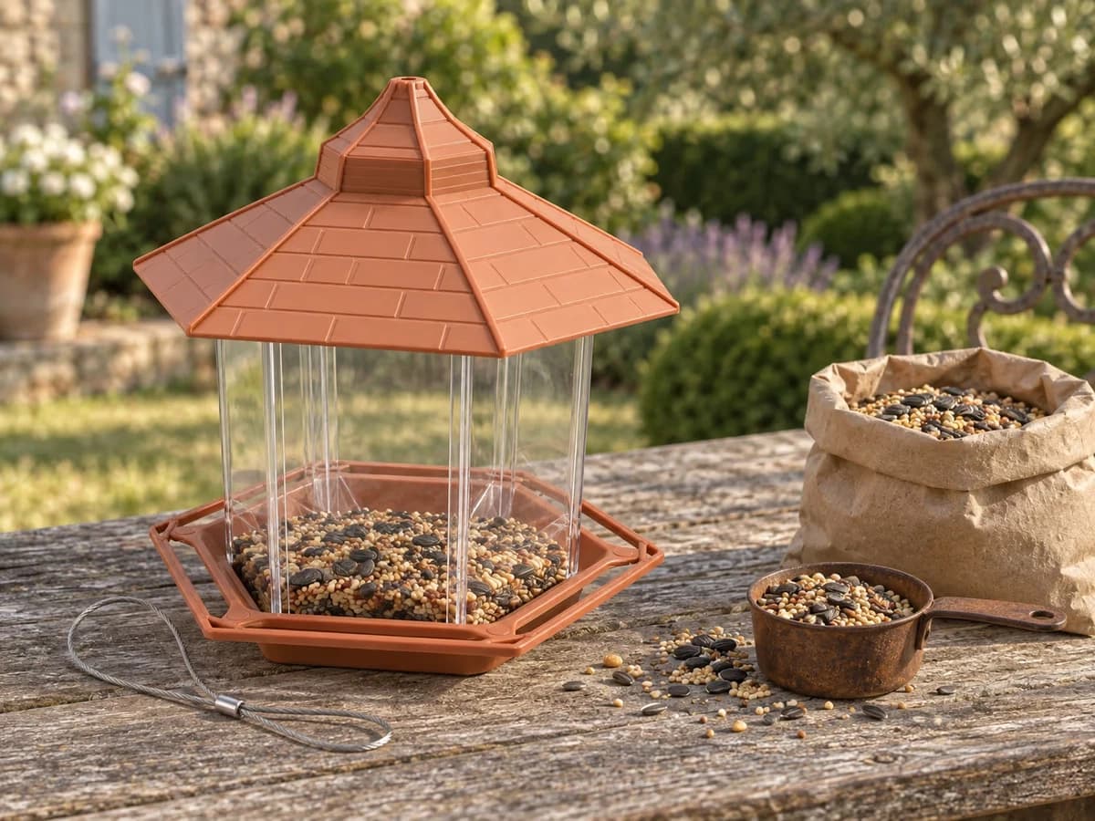 Silo hexagonal posé sur une table de jardin en bois, niveau de graines bas couvrant juste les ouvertures de la base, gobelet et sac de graines à côté