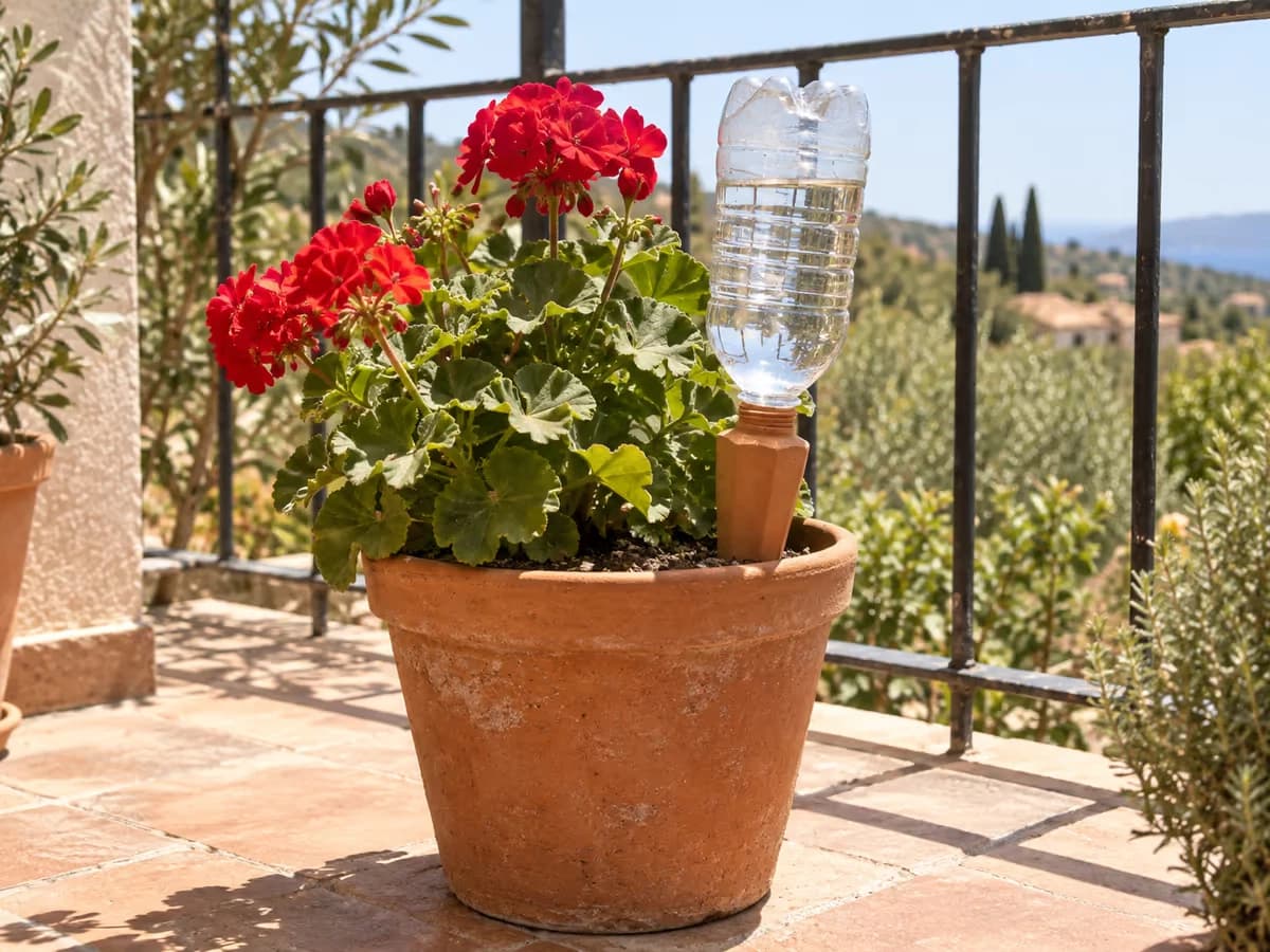 Pot de géranium sur un balcon en plein soleil, pique en terre cuite et bouteille en plastique en place, ombre courte de midi