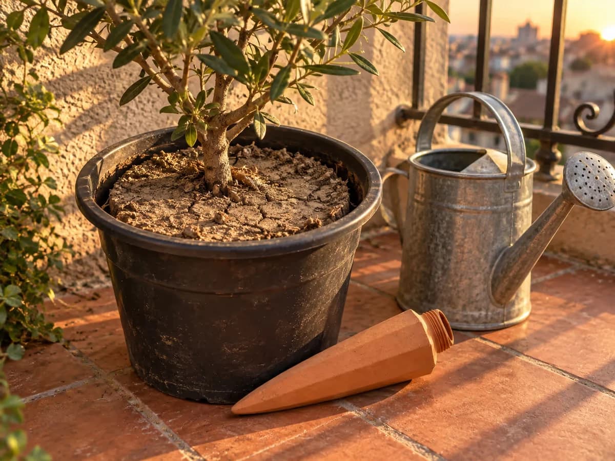 Terre sèche qui s'est détachée du bord d'un pot, arrosoir posé à côté sur un sol de balcon en fin de journée