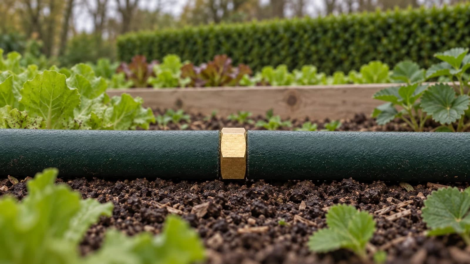Manchon en laiton à double barbelure 19 mm raccordant deux tuyaux d'arrosage verts au jardin