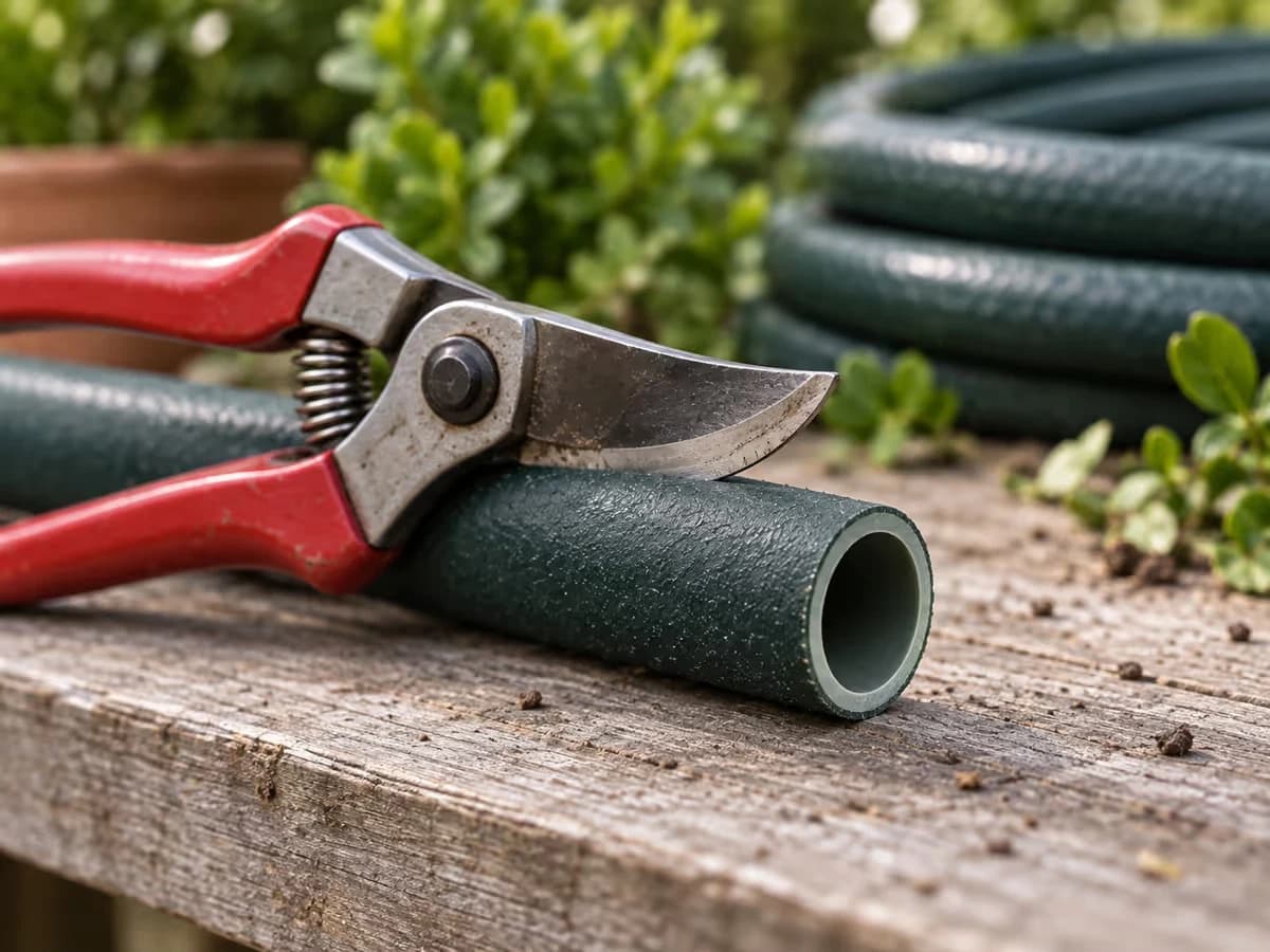 Coupe droite d'un tuyau d'arrosage 19 mm à l'aide d'un sécateur de jardin