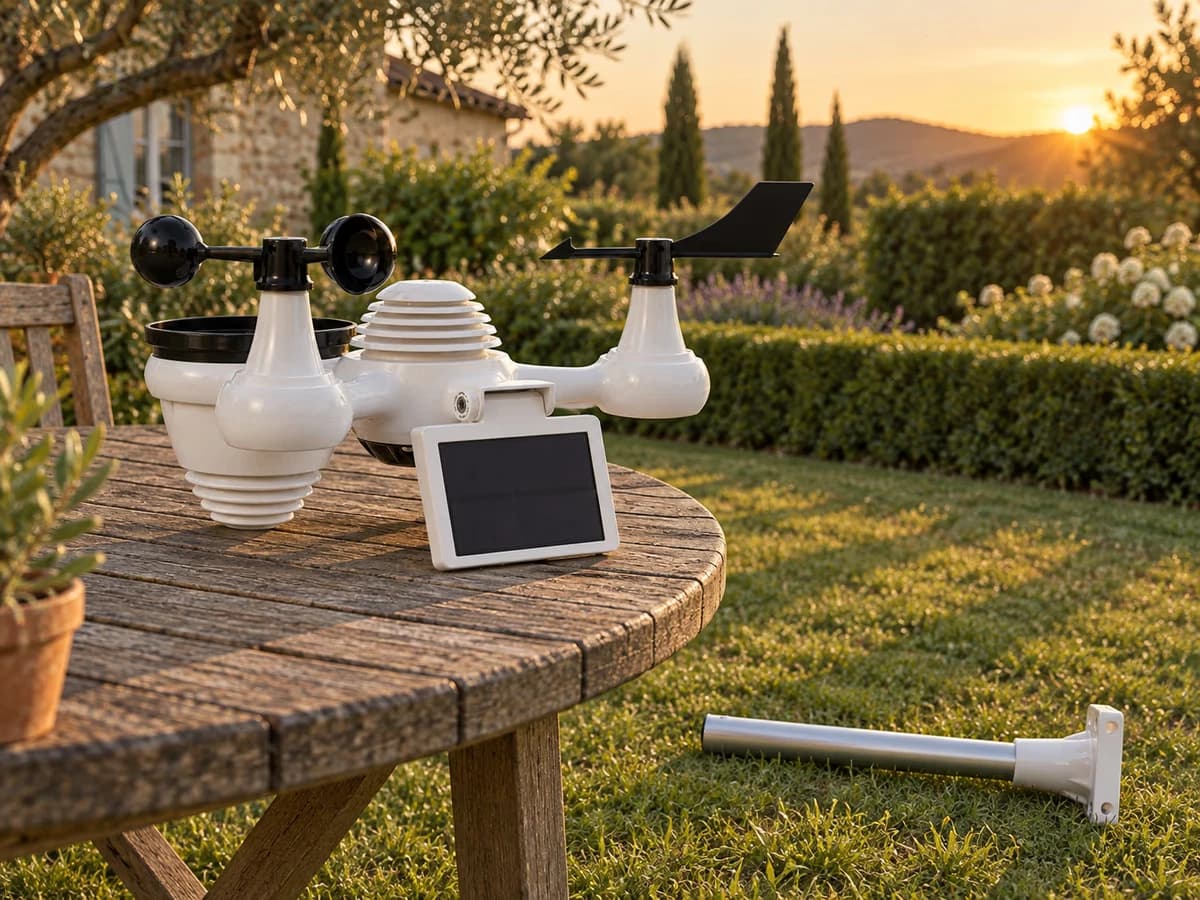 Capteur météo blanc posé au sol sur une table de jardin, à côté de son mât encore couché dans l'herbe, fin de journée avec ombre longue