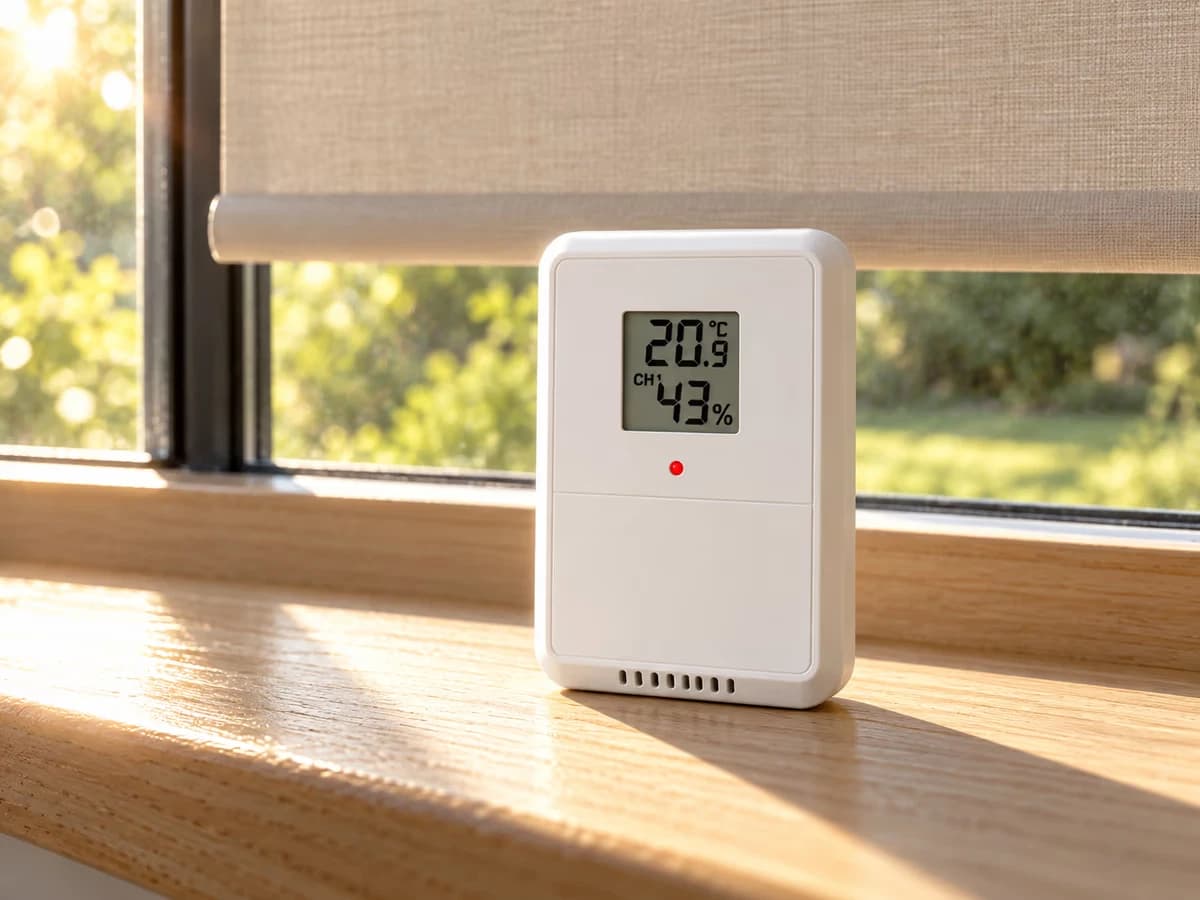 Sonde blanche à écran posée sur un appui de fenêtre baigné de soleil, store à moitié baissé derrière elle