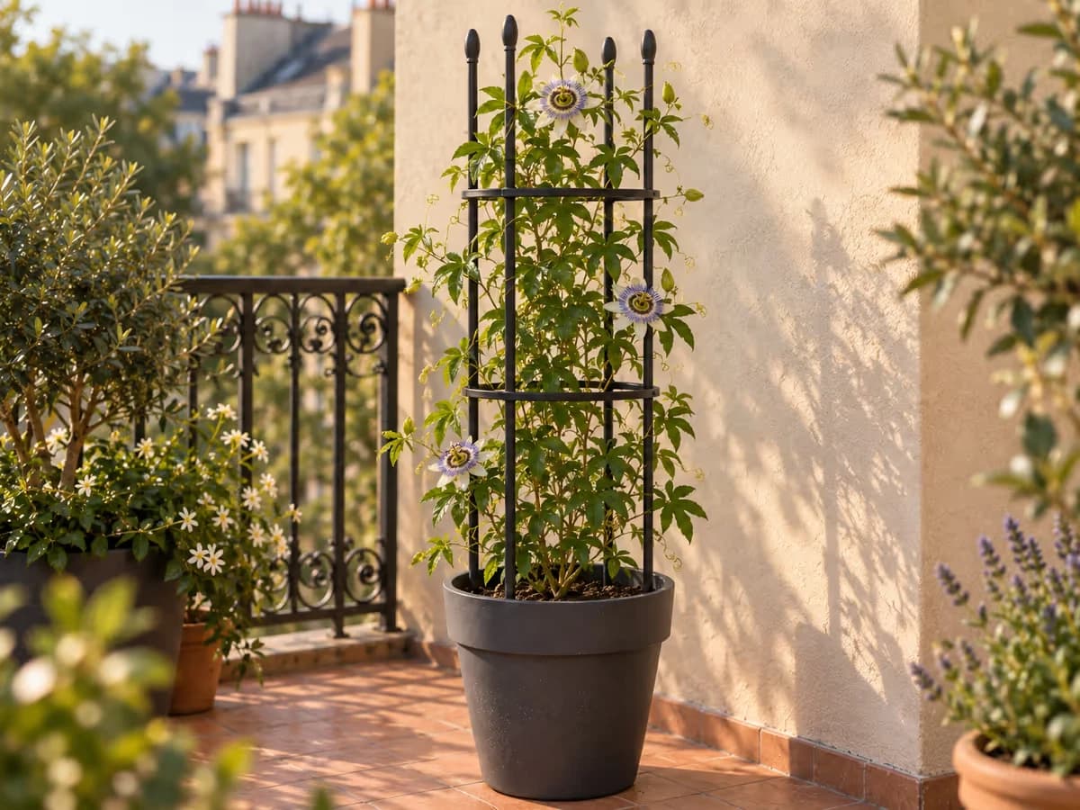 Treillis métallique noir en deux étages dans un grand pot, tiges de fruit de la passion passées derrière le cercle du haut