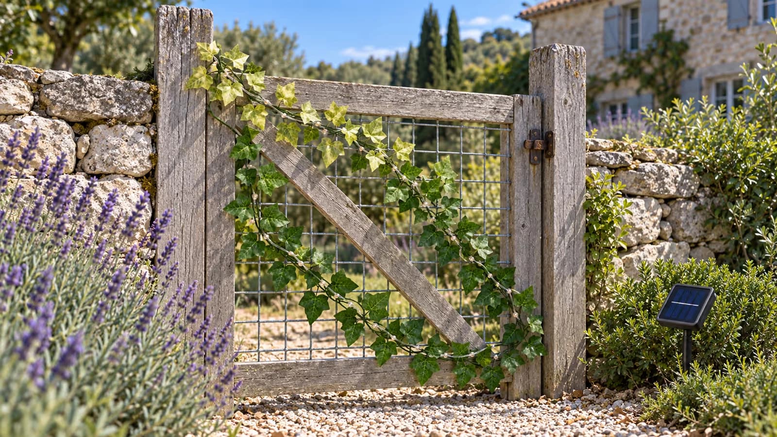 Guirlande de lierre artificiel enroulée sur un portail grillagé en plein après-midi d'été, les feuilles du haut un peu plus claires que celles du bas
