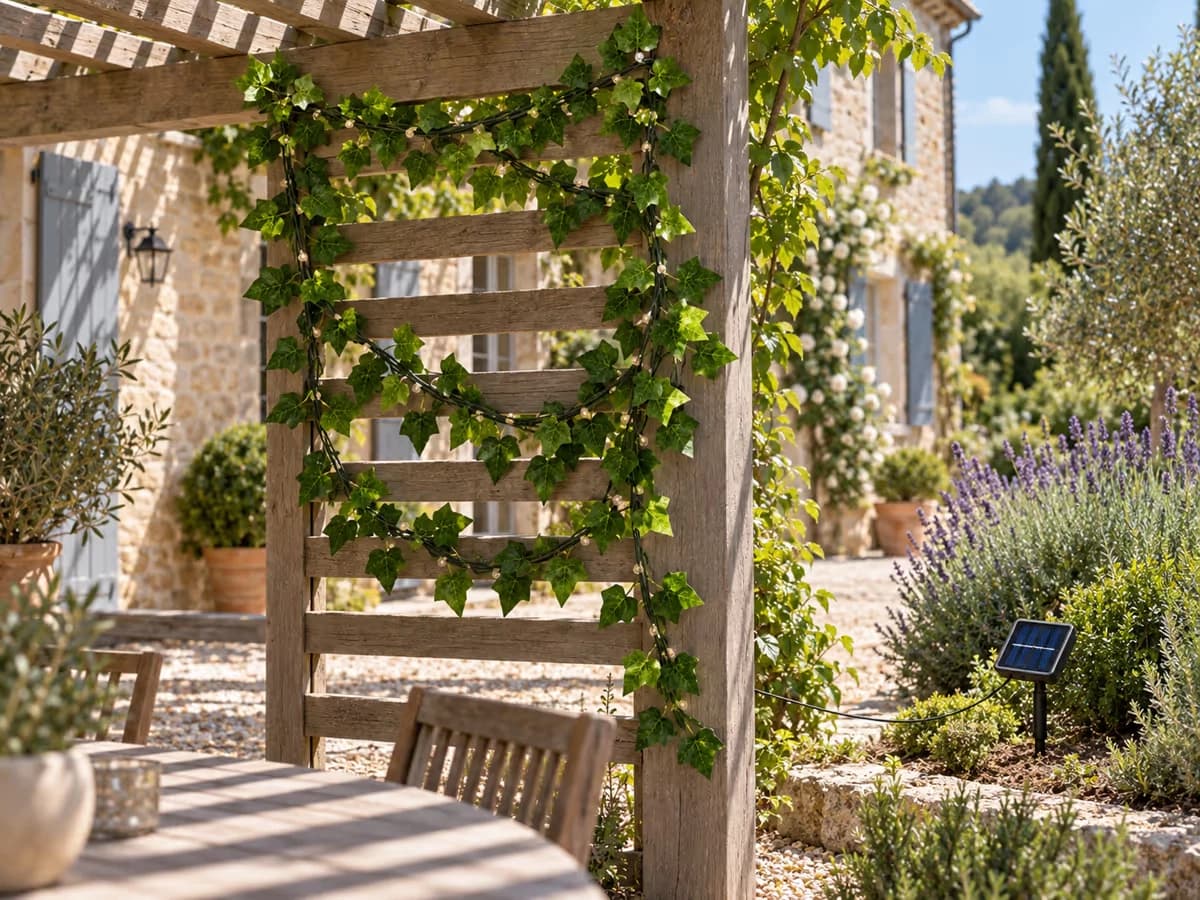 Feuillage de lierre lumineux drapé sur un treillis bois sous les lattes d'une pergola, piquet de panneau solaire planté en plein soleil dans un massif voisin