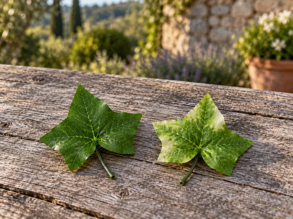 Deux feuilles de lierre artificiel posées côte à côte sur une table de jardin en bois, l'une vert foncé, l'autre éclaircie par plaques sur sa face supérieure