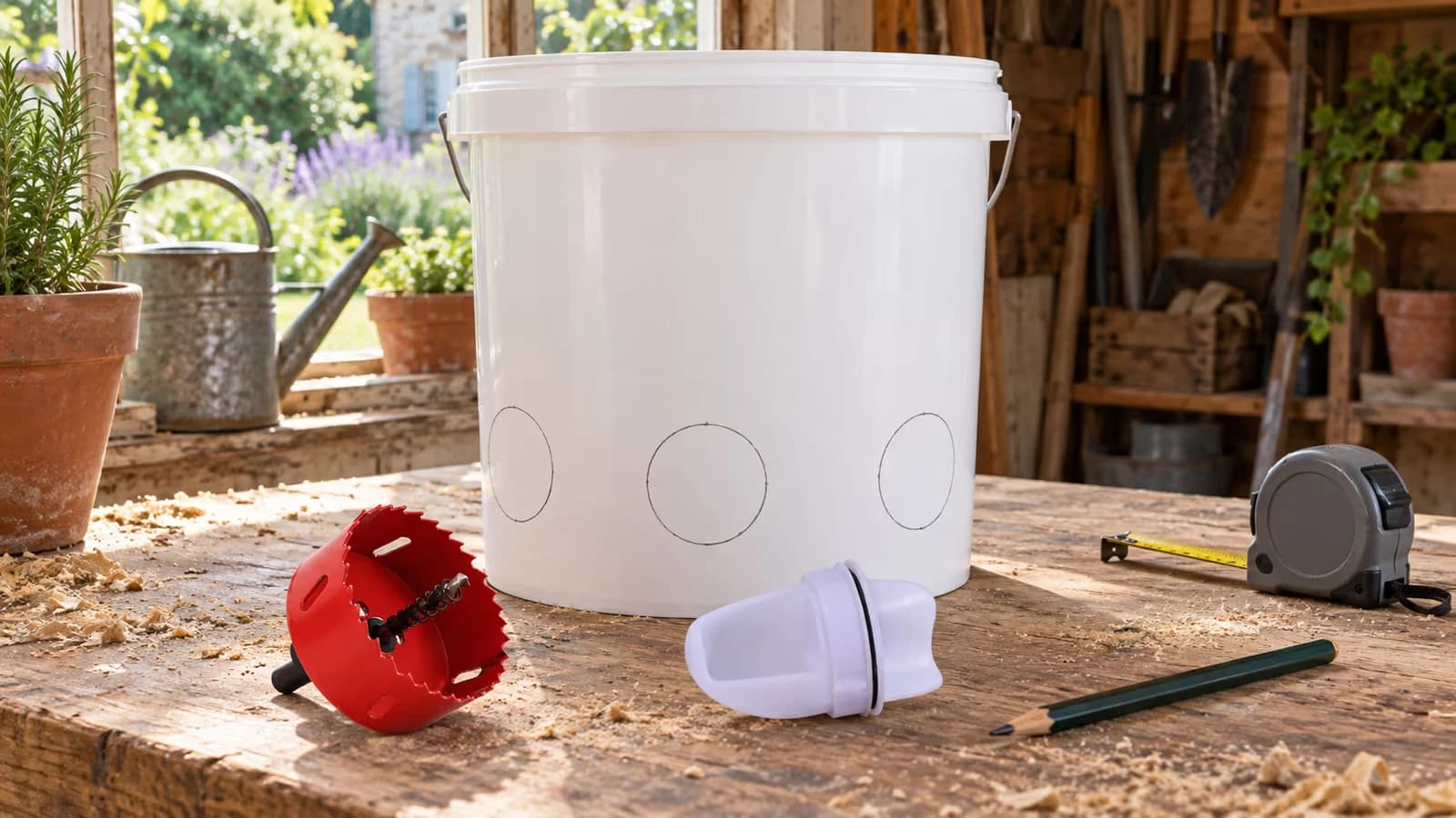 Seau plastique blanc posé sur une paillasse d'atelier, trois ronds de 80 mm tracés au crayon gris autour de sa paroi, scie cloche rouge posée à côté