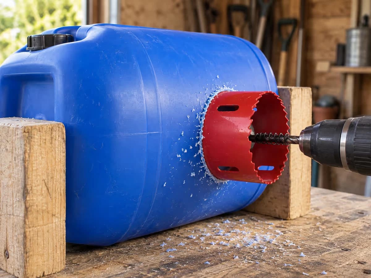 Scie cloche rouge de 80 mm engagée dans la paroi d'un bidon plastique bleu maintenu entre deux étais de bois, copeaux blancs autour du trou entamé