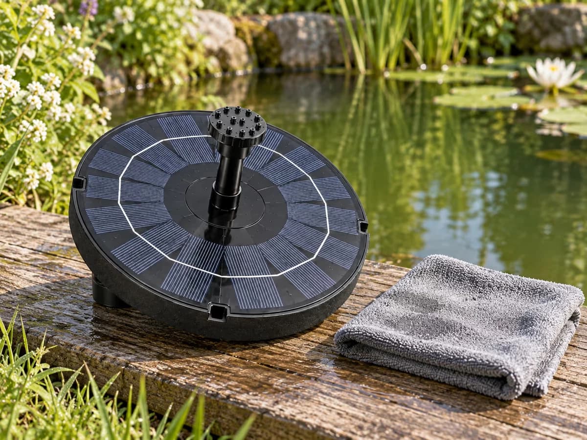 Disque flottant retourné sur une planche en bois au bord du bassin, couronne de cellules bleues nettoyée, chiffon microfibre posé à côté