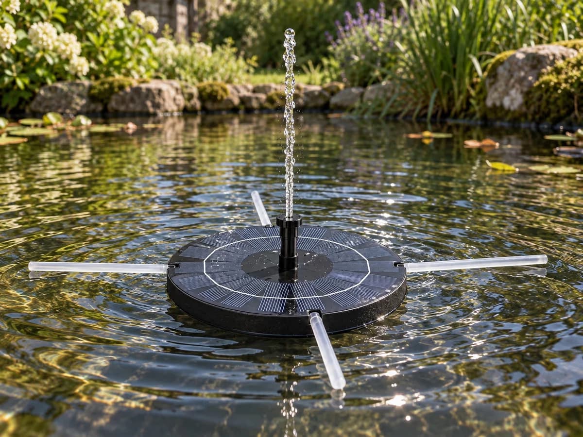 Disque flottant à quatre tiges au centre d'un bassin, colonne d'eau étroite et droite, quelques feuilles flottant loin de l'appareil
