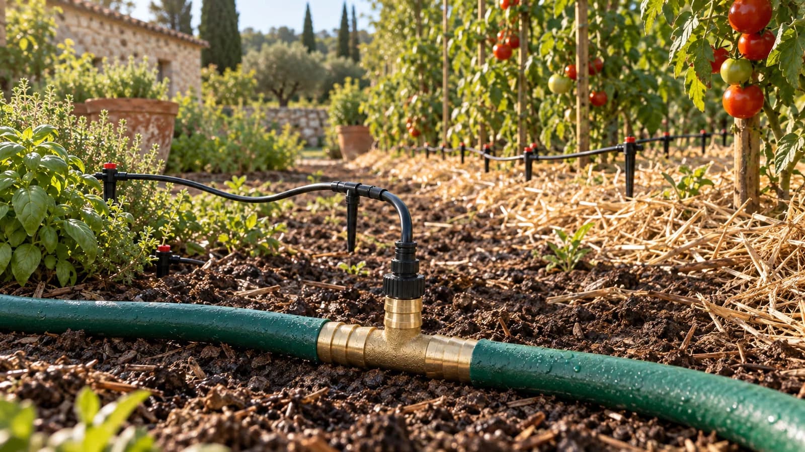 Ligne de goutte-à-goutte séparée en deux rampes par un T laiton, au pied de rangs de tomates paillés