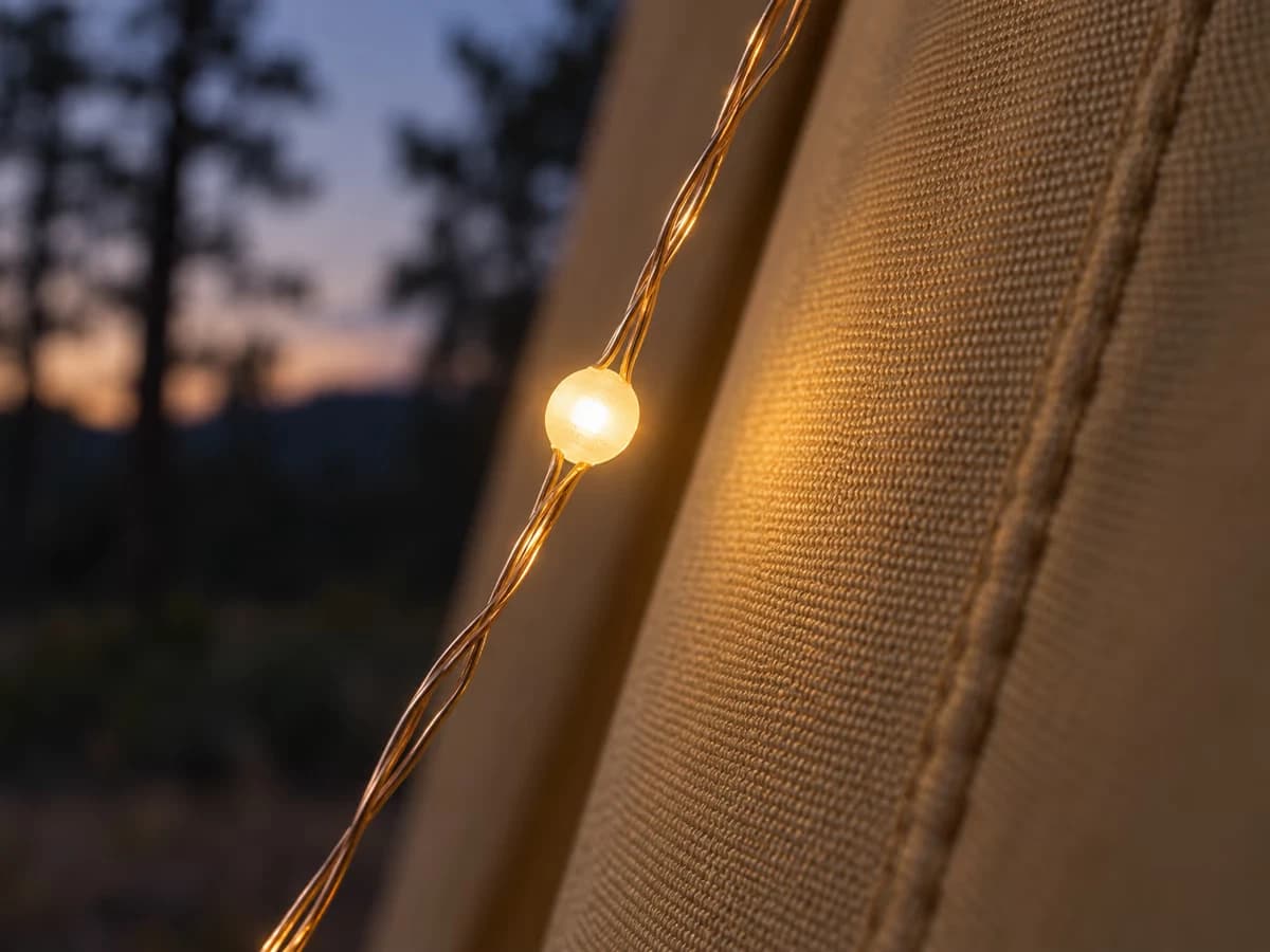 Gros plan sur une ampoule LED de guirlande solaire froide au toucher