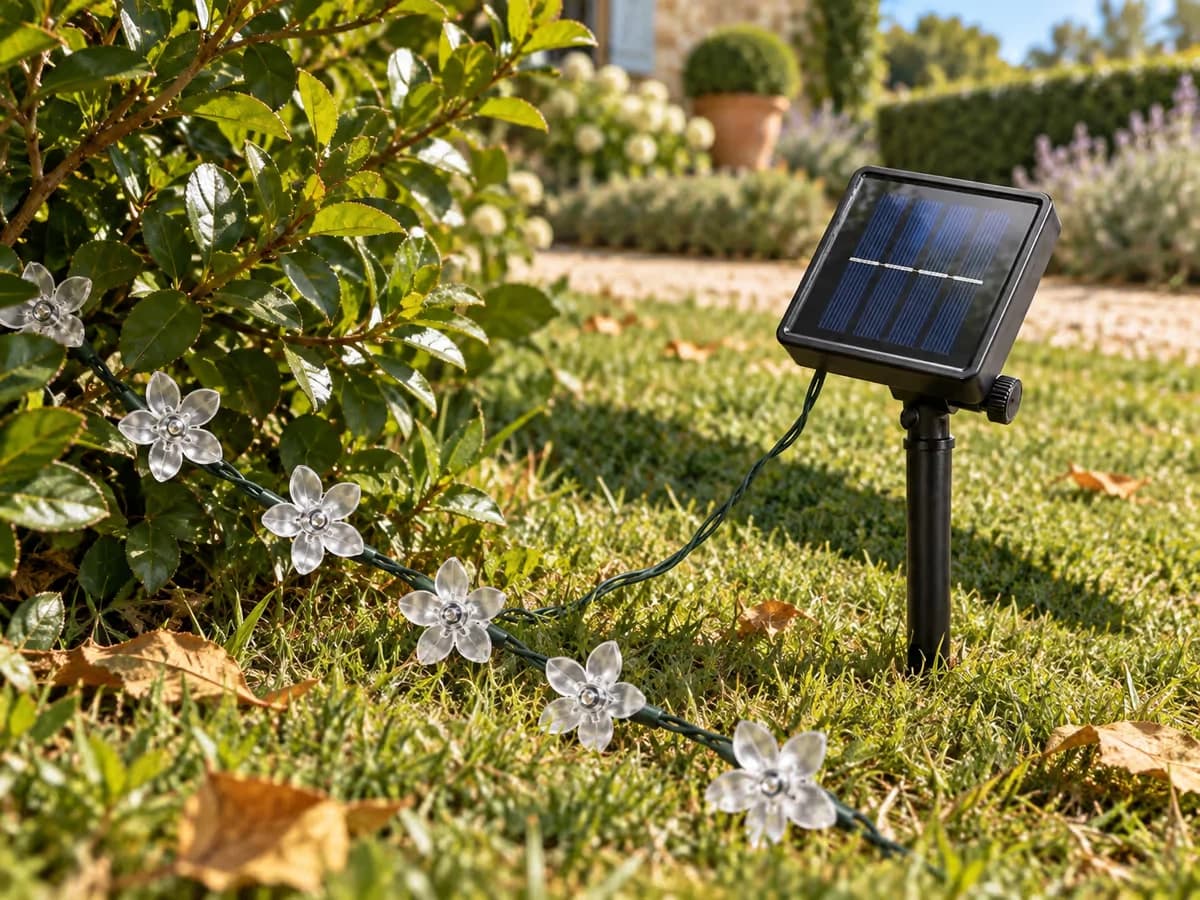 Tête de panneau solaire inclinée vers le sud au pied d'un arbuste, ombre portée nette sur la pelouse