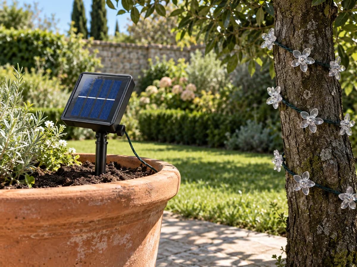 Panneau solaire sur sa tige planté dans un pot au soleil, à côté d'un tronc enveloppé d'ombre