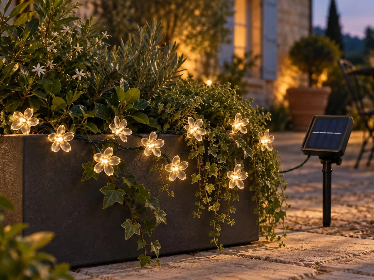 Guirlande fleurie enroulée sur le bord d'une jardinière de terrasse, quelques fleurs retombant sur un feuillage, lumière chaude du soir