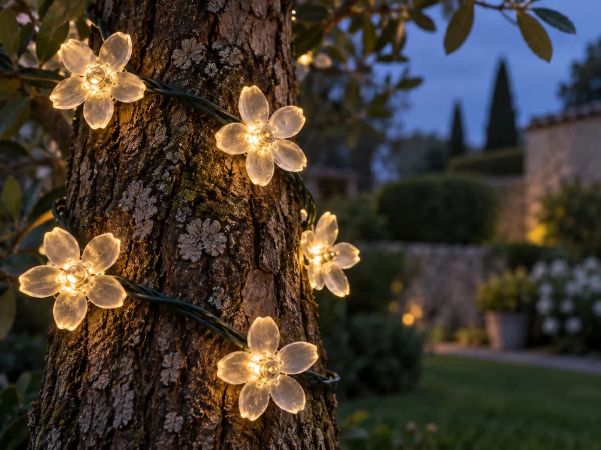 Guirlande de fleurs lumineuses enroulée en spirale lâche autour d'un tronc, fleurs blanc chaud allumées au crépuscule, écorce visible entre les boucles