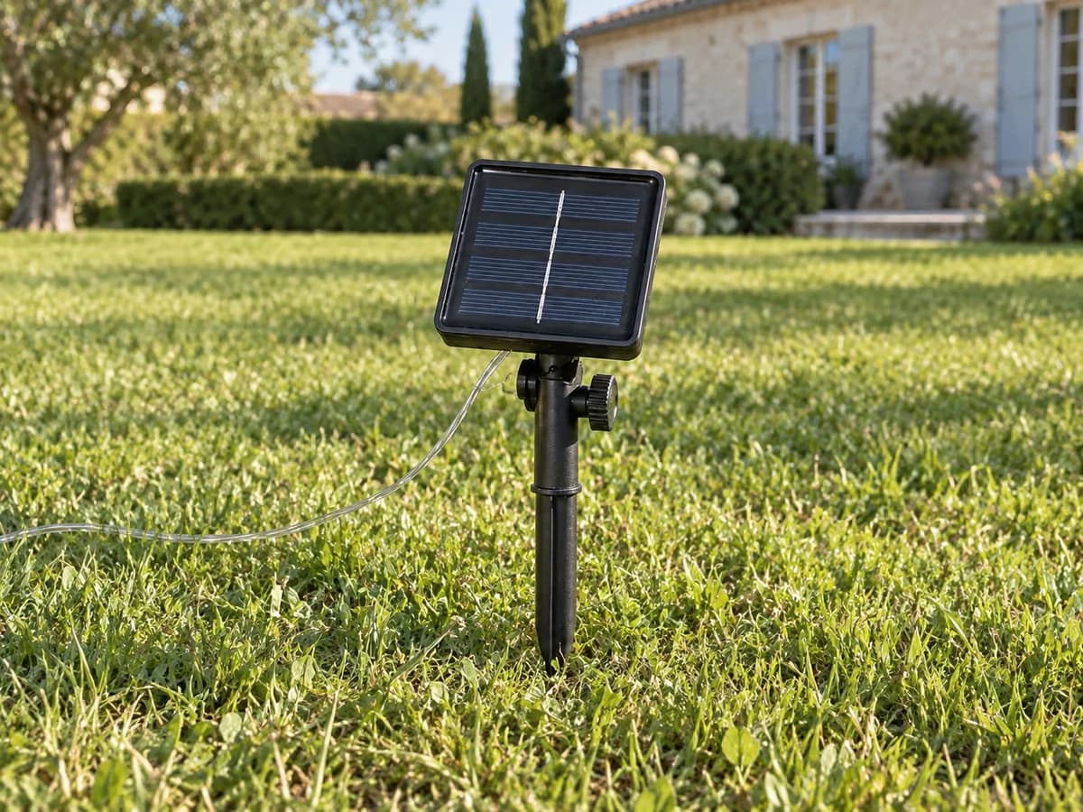 Petit panneau solaire noir sur piquet planté dans une pelouse tondue en fin d'après-midi, orienté plein sud, aucune ombre portée de feuillage à proximité