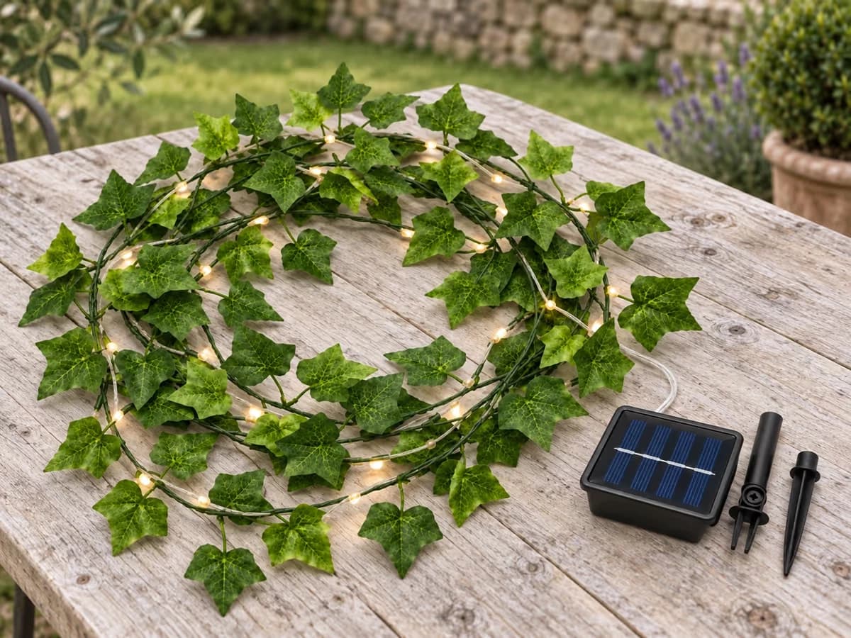 Guirlande de lierre artificiel déroulée sur une table de jardin, panneau solaire sur piquet et boîtier posés à côté