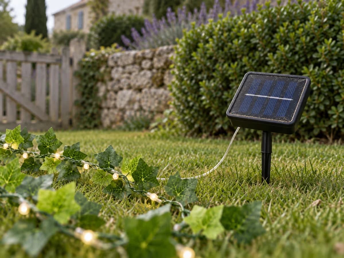 Panneau solaire noir posé au sol dans une pelouse, face supérieure poussiéreuse, feuillage de lierre vert à proximité