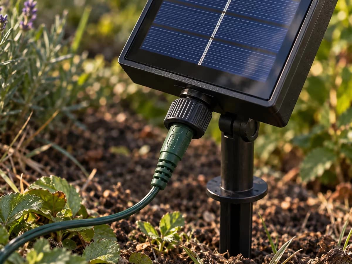Gros plan du connecteur vissé entre le câble vert de la guirlande et le boîtier du panneau solaire planté sur son piquet, dans une bordure de jardin