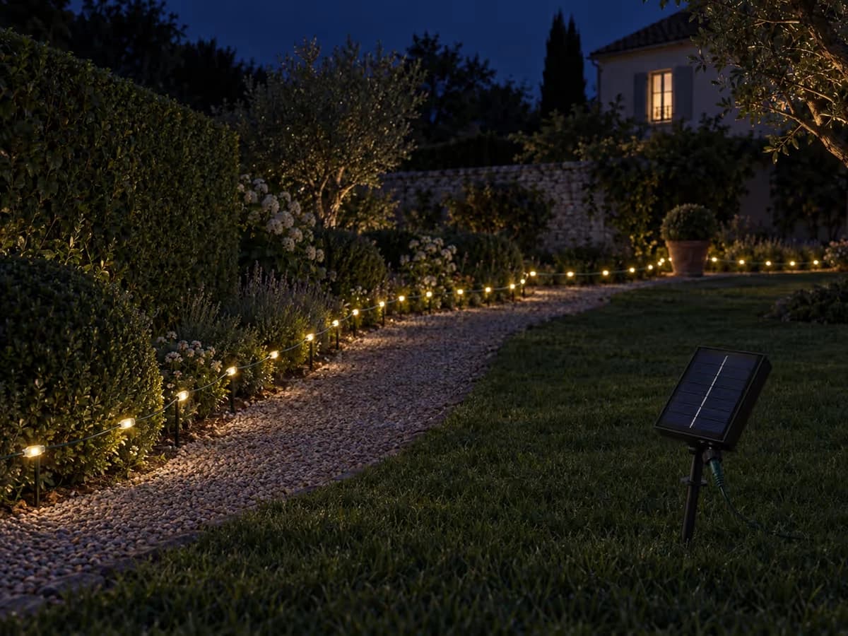 Ligne lumineuse continue dessinant le tour d'un jardin à la nuit tombée, passant d'une haie à une bordure d'allée, panneau solaire sur piquet dans la pelouse