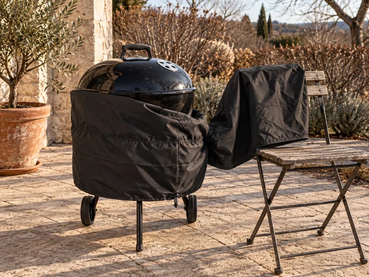 Couverture noire à moitié retirée d'un gril à charbon rond un jour d'hiver ensoleillé, toile séchée sur une chaise de jardin