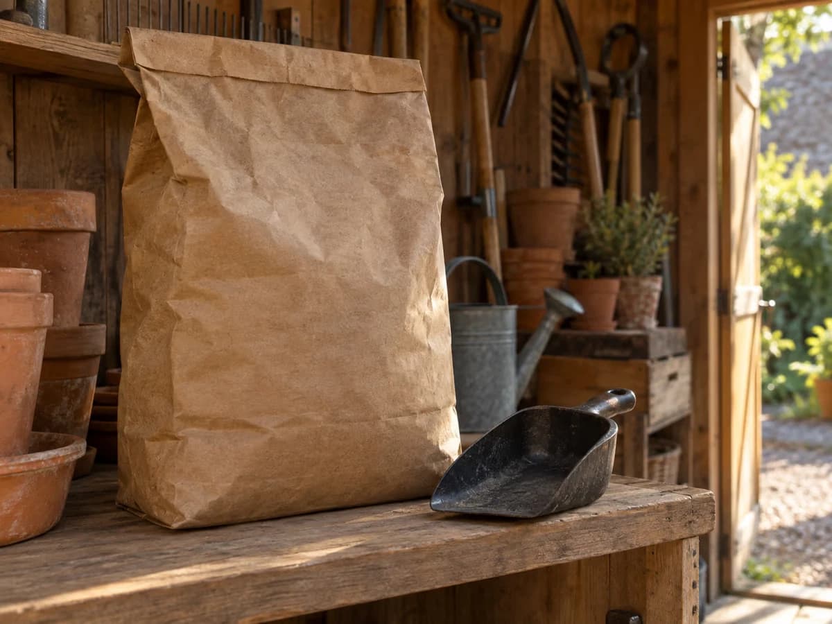 Sac de charbon de bois en papier posé sur une étagère d'abri de jardin, à côté d'une petite pelle en fer, lumière douce de fin de journée