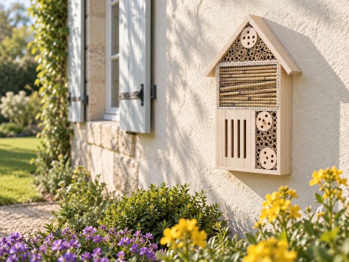 Hôtel à insectes mural en bois fixé sur un mur clair exposé au soleil du matin, vivaces fleuries au premier plan