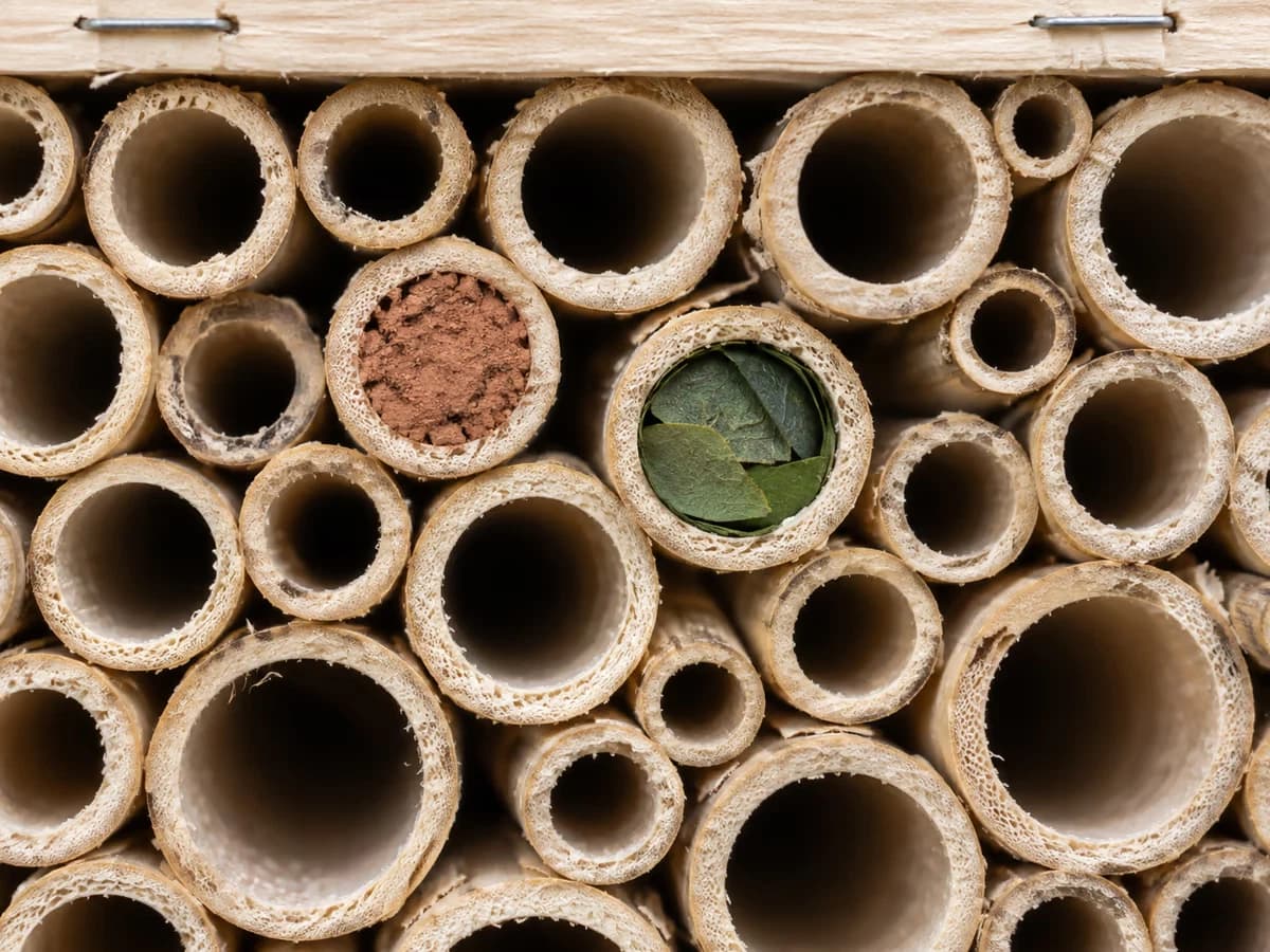 Vue rapprochée des tubes de bambou d'un hôtel à insectes, deux entrées refermées par un bouchon de terre et des morceaux de feuilles découpées