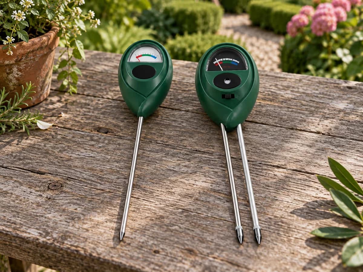Humidimètre à tige et testeur trois en un posés côte à côte sur une table de jardin, cadrans face au lecteur