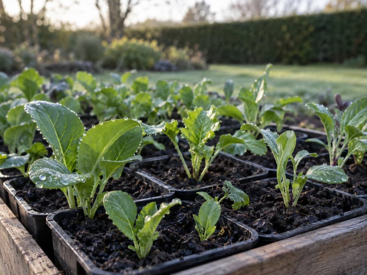 Jeunes plants en godets au petit matin, fines gouttes d'eau sur les feuilles basses et terreau humide entre les tiges