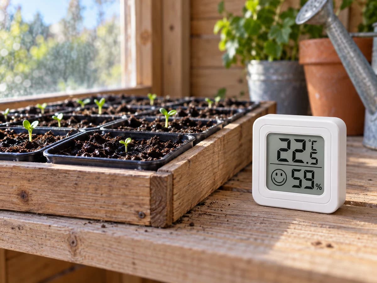 Plateau de semis en bois avec godets de terreau alignés, boîtier blanc à écran LCD posé à côté sur une étagère