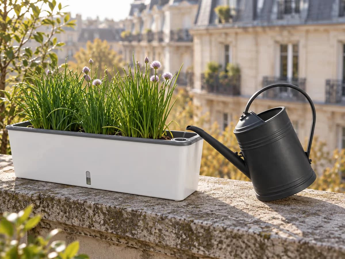 Arrosoir à bec fin posé contre le rebord gris d'une jardinière, eau visible au bas de la fenêtre de niveau