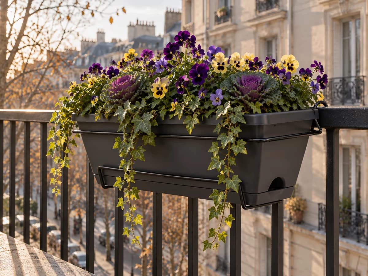 Jardinière gris foncé garnie de pensées et de lierre retombant sur une rambarde de balcon, lumière rasante d'arrière-saison