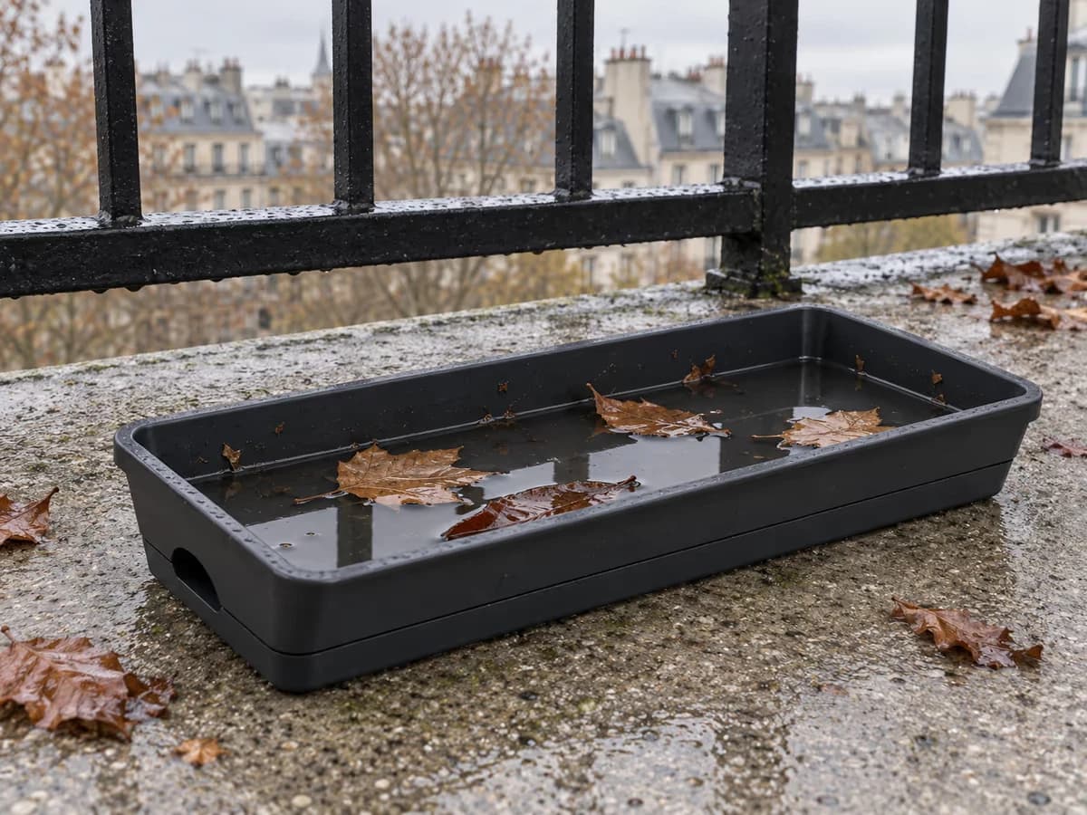 Plateau amovible gris posé au sol d'un balcon, eau et feuilles mortes au fond, rambarde et ciel gris de novembre