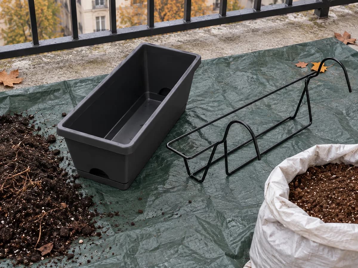 Bac de jardinière vidé sur une bâche de balcon, terreau usagé d'un côté, sac de terreau neuf ouvert de l'autre