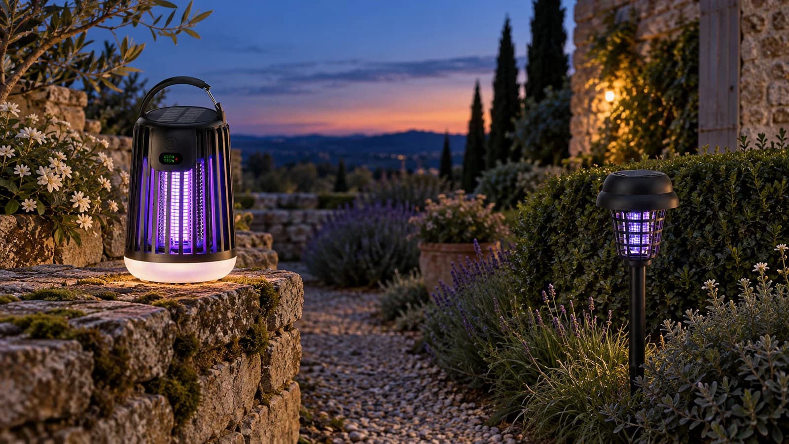 Lampe anti-moustique rechargeable sur un muret de pierre et lampe solaire sur piquet dans une bordure, à la tombée du jour