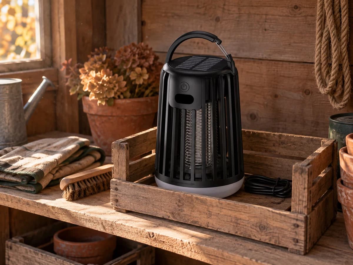 Lampe anti-moustique rangée dans une caisse en bois au sec sur une étagère, câble enroulé, lumière d'automne