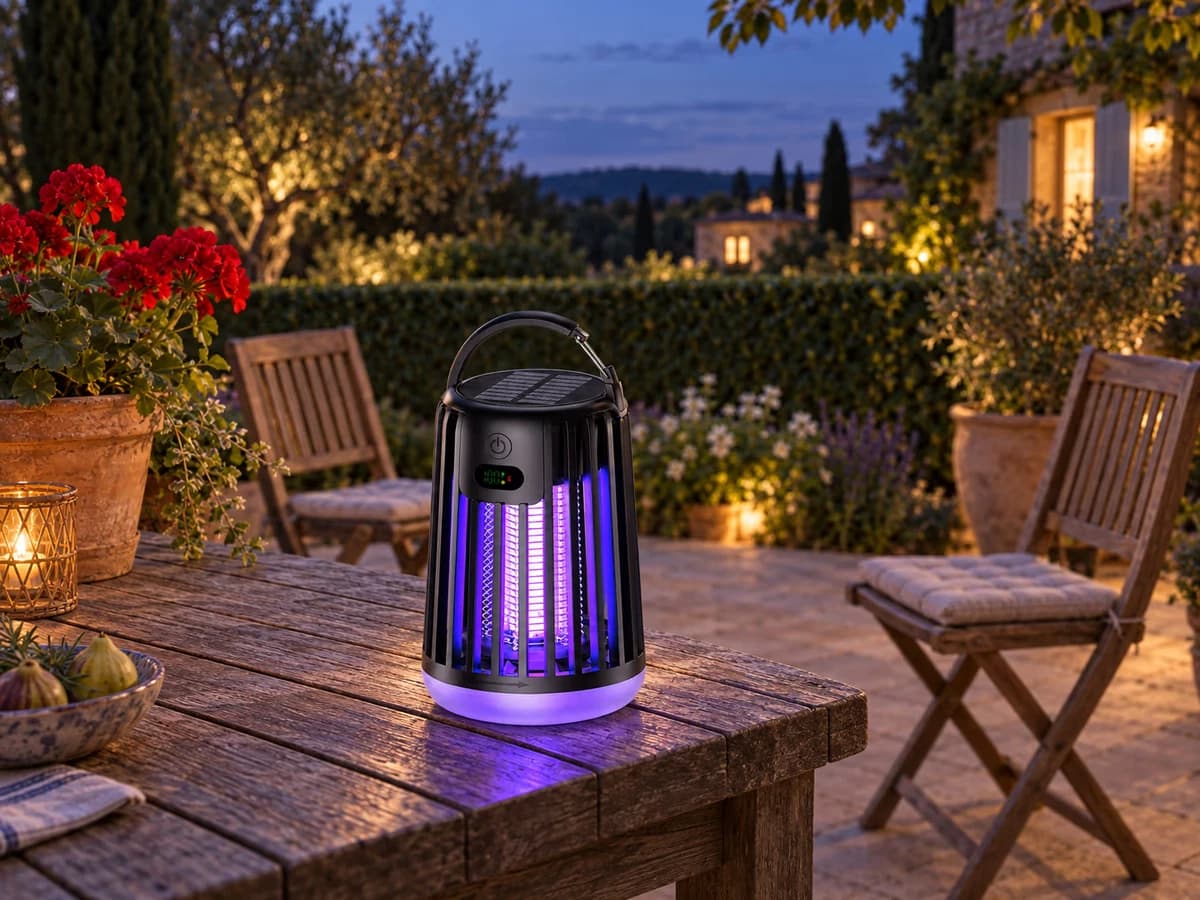 Lampe allumée sur le coin d'une table de jardin en bois, deux chaises écartées et un pot de géranium, crépuscule