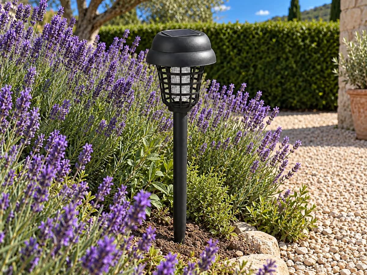Lampe solaire sur piquet plantée en plein soleil dans une bordure de lavandes, haie taillée à quelques pas