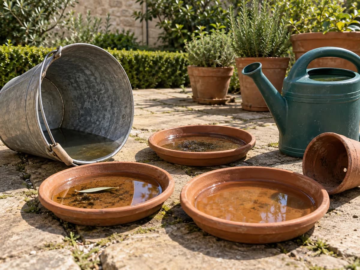 Soucoupes de pots de fleurs et seau retourné sur une terrasse dallée en plein soleil, arrosoir posé à côté