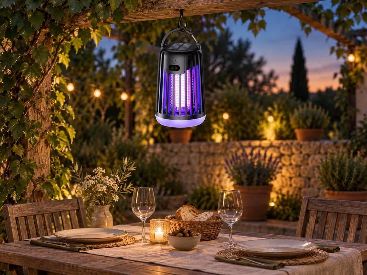 Lampe anti-moustique suspendue à un crochet de pergola au-dessus d'une table de jardin dressée, lumière allumée à la tombée du jour