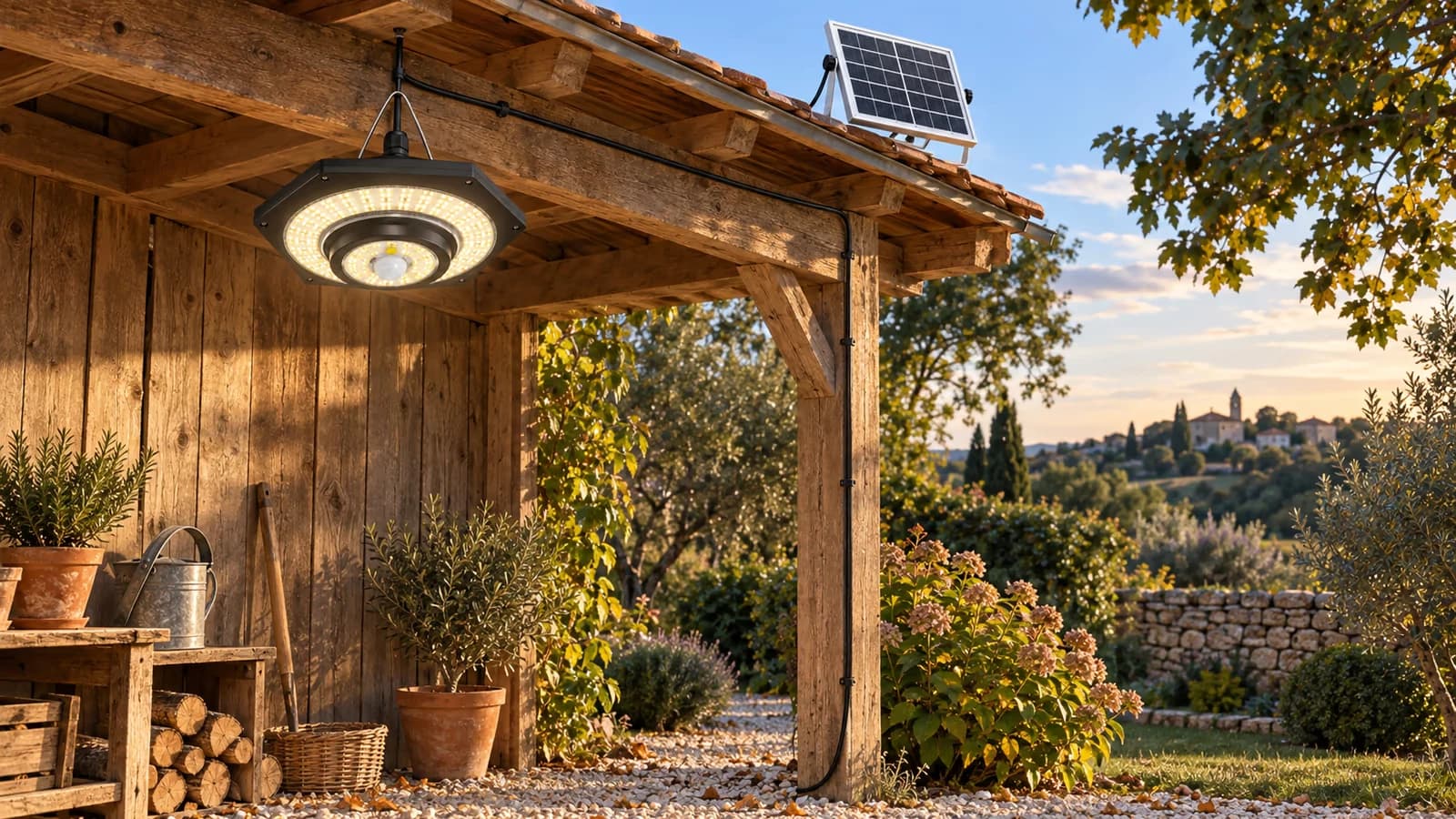 Lampe solaire suspendue accrochée sous la charpente d'un abri ouvert, panneau solaire séparé posé plus loin sur le toit
