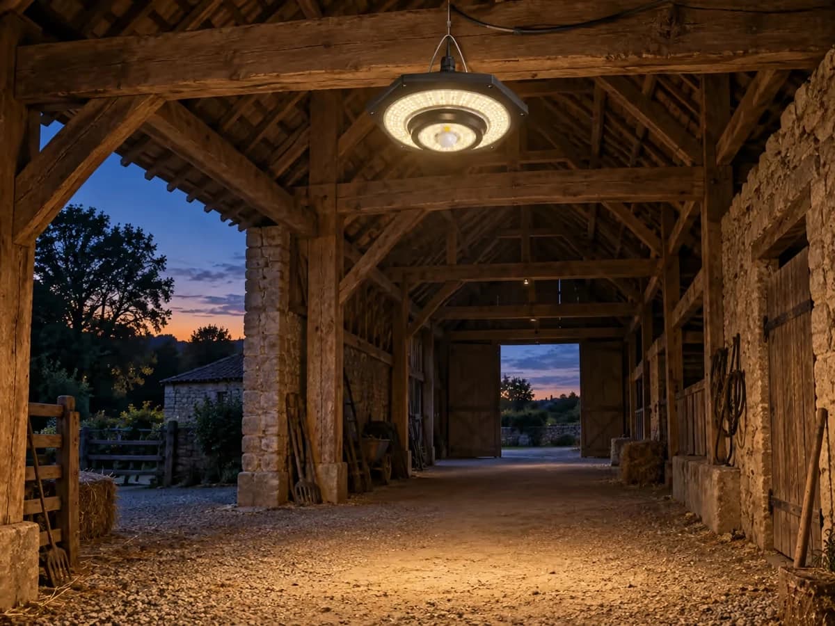 Lampe solaire suspendue sous la panne d'une grange ouverte, éclairant le passage central en fin de journée